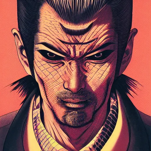 Image similar to portrait closeup of crazy yakuza man, katanas around, symmetrical, cinematic colors, by yoichi hatakenaka, masamune shirow, josan gonzales and dan mumford, ayami kojima, takato yamamoto, barclay shaw, karol bak, yukito kishiro