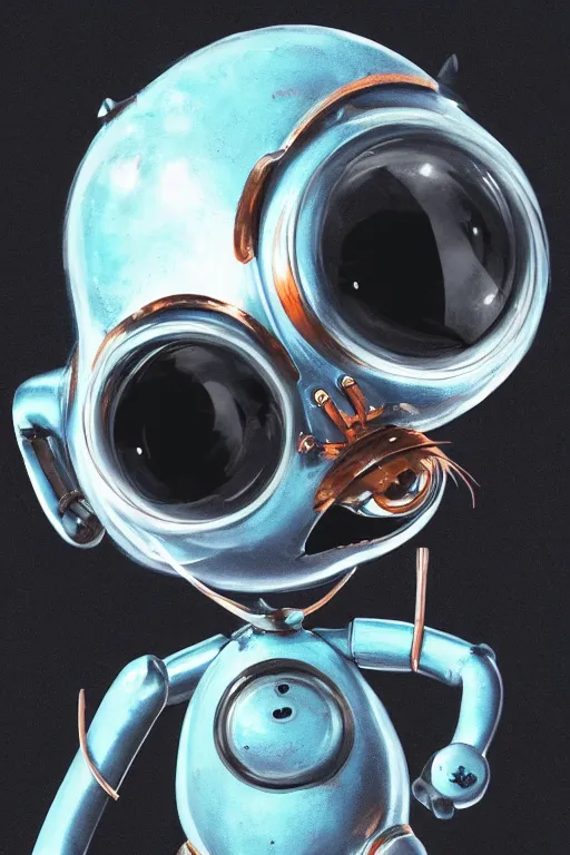 Image similar to a cute cat robot, painted by wally wood and matt jefferies, trending on artstation, steam punk, bright macro view pixar, award - winning, blueprint, big eyes, copper wire whiskers, chillwave, realism