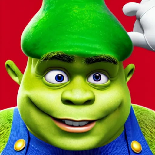 Image similar to shrek wearing mario hat, 8 k