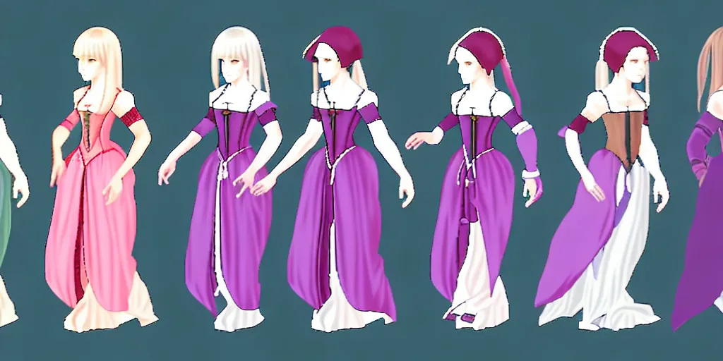 Prompt: walking animation sprite sheet of a girl in a renaissance dress, walking to the right, each sprite is a different frame of the animation, in the style of final fantasy games, side view of her taking steps