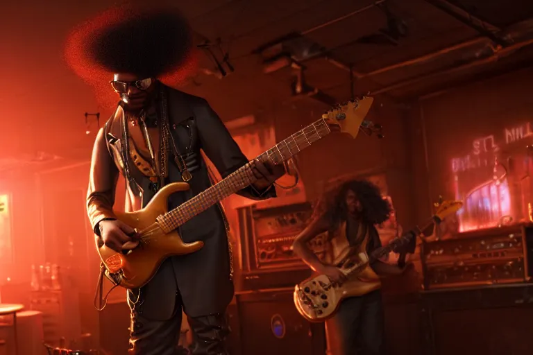 Image similar to a steampunk black man with long curly hair, playing electric guitar at a night club, focus on the musicians, cinematic lighting, exaggerated detailed, unreal engine, octane render, trending on artstation, art by greg rutkowski, 4 k