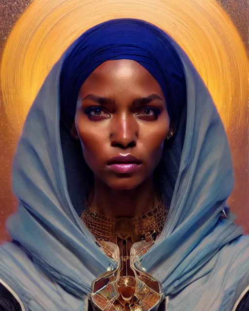 Prompt: Portrait of very very very very very very beautiful somali woman, spacesuit, blue eyes, real life skin, intricate, elegant, highly detailed, artstation, concept art, smooth, sharp focus, art by artgerm and greg rutkowski and alphonse mucha