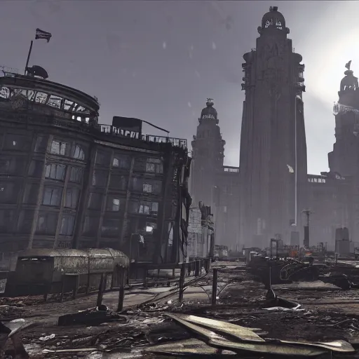 Image similar to royal liver building, liverpool in ruins post - nuclear war in fallout 4, in game screenshot