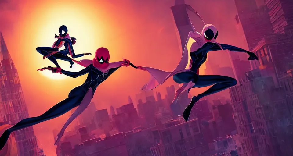 Image similar to Marvel Comics Spider Gwen Battles The Hobgoblin, bats, sunset, volumetric lighting, hyperrealistic, beautiful details, HDR, octane render, action shot, wide angle, bokeh, Yasushi Niarasawa Moebius Jim Steranko Style