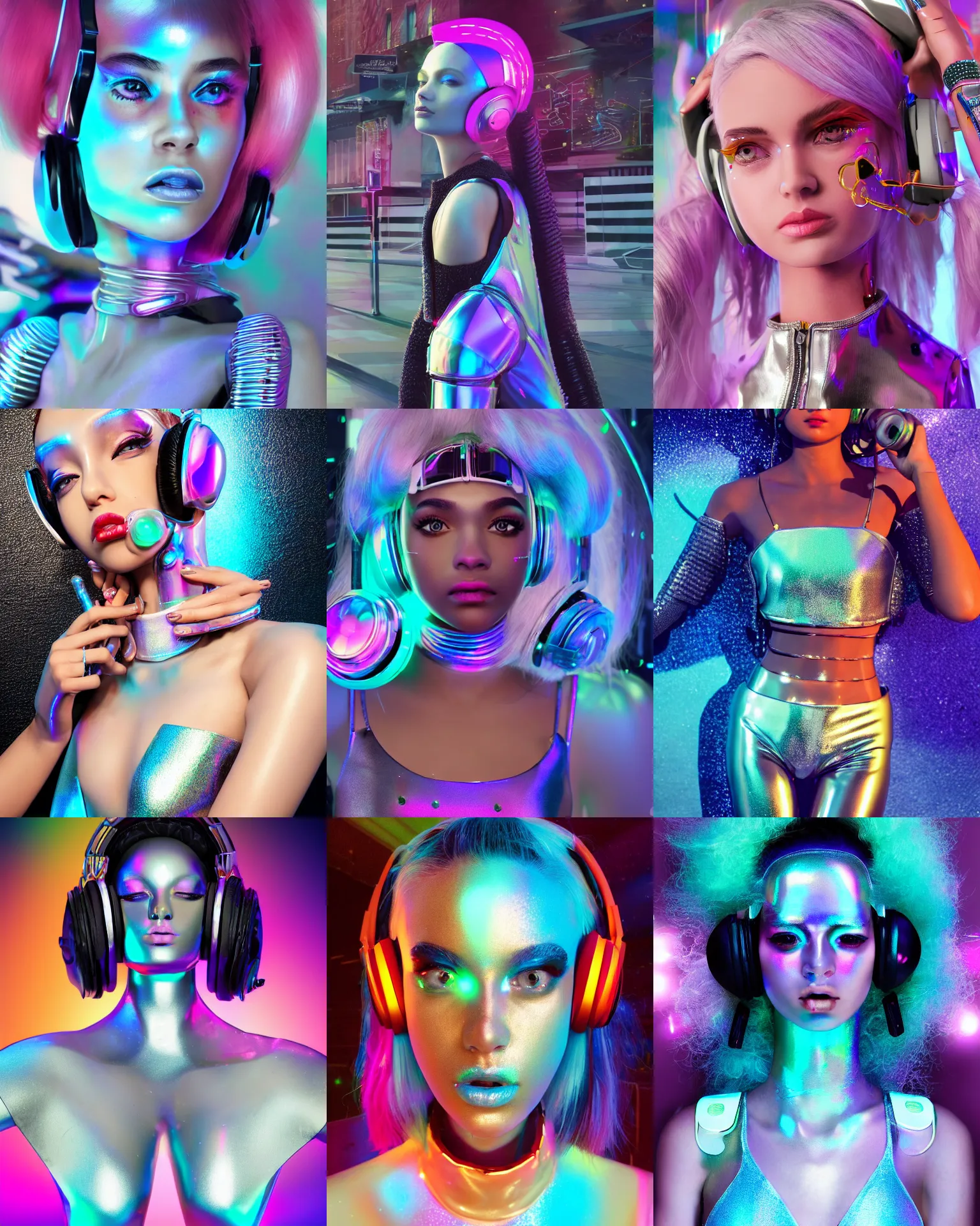 Prompt: BOTS magazine cover body portrait fashion pose ::100 of a pearlescent iridescent college teen cyborg on a crowded packed nyc sidewalk, high fashion photoshoot, hair worn up, earrings and headphones, cute rave outfit, ::80 octane render, morning, trending on artstation, anime girl, ue5, sci-fi, science fiction, ::65 rossdraws, nixri, gui guimaraes, Greg rutkowski, ::75 Madison beer, ::200