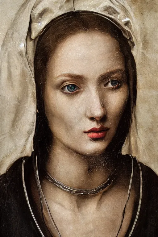 Prompt: hyperrealism close - up mythological portrait of a medieval woman's face merged with sirlve paint in style of classicism, wearing silver silk robe, black palette