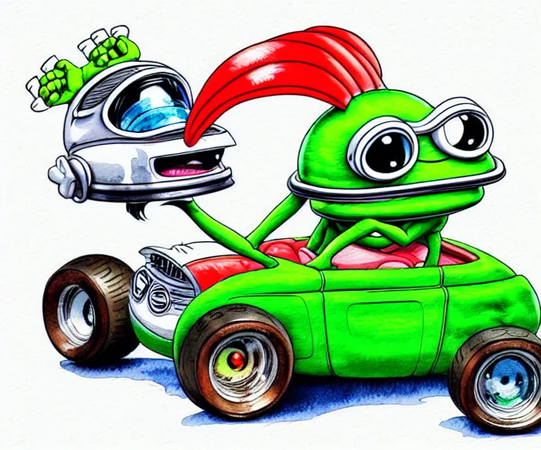 Image similar to cute and funny, cute pepe wearing a helmet riding in a tiny hot rod with oversized engine, ratfink style by ed roth, centered award winning watercolor pen illustration, isometric illustration by chihiro iwasaki, edited by range murata, details by artgerm