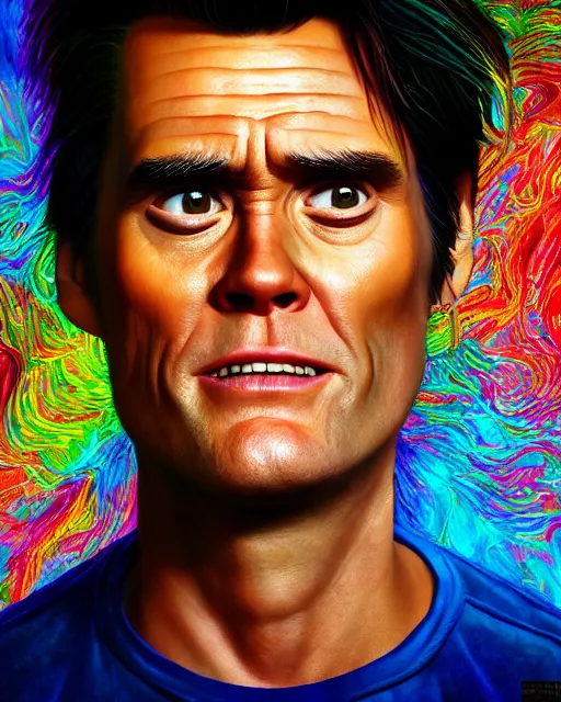 Prompt: portrait ultra dimensional ace ventura jim carrey entity, accidentally tripping on dmt and acid, psychedelic experience, overwhelming psychosis of self realization and burning awakening, ultra high definition, unreal engine 5, hyperrealism, masterpiece composition, by casey weldon, barclay shaw 8 k photorealistic