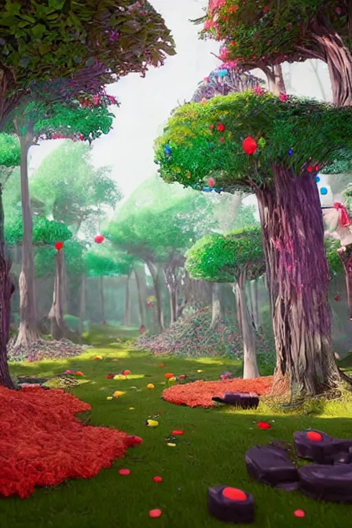 Prompt: a fancy forest made of candy and sweats, unreal engine, realistic, fantasy scenic, atmospheric