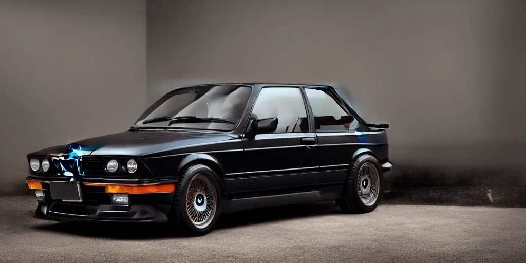 Image similar to a design of a futuristic bmw e30, designed by Polestar, blade runner background, stained antique copper car paint, black windows, sport car, dark show room, dramatic lighting, hyper realistic render, depth of field