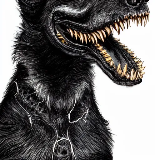 Image similar to venom dog version, ultra realistic, highly detailed, photorealism, scary, intricate detail, high res, textures, extremes, dark, twisted, black, wiry, superhero, antihero, powerful, teeth, licking tongue, dog, hair, german shepard