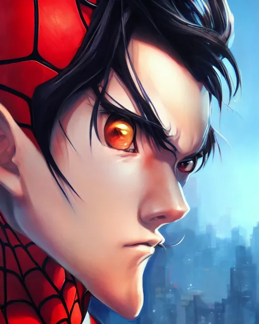 Image similar to anime portrait of Spiderman by Stanley Artgerm Lau, WLOP, Rossdraws, James Jean, Andrei Riabovitchev, Marc Simonetti, and Sakimichan, trending on artstation