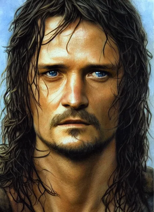 Image similar to Orlando Bloom as Aragorn by Alan Lee, very detailed eyes, golden hour, concept art, detailed clothing, art station, oil painting