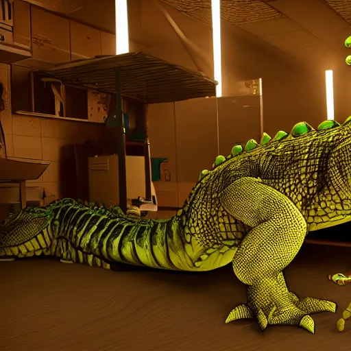 Image similar to crocodile crocodile dressed as a surgeon operating on a patient, fluorescent lightning, unreal engine 5