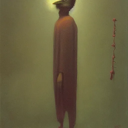 Image similar to young teen female, who has head of crow instead of human, painting by Beksinski