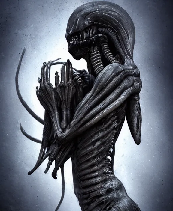 Image similar to xenomorph hugging pale sad beauty merging, dark mist colors, giger background liminal void, digital art, cinematic lighting, realistic, award winning photograph, various refining methods, micro macro autofocus