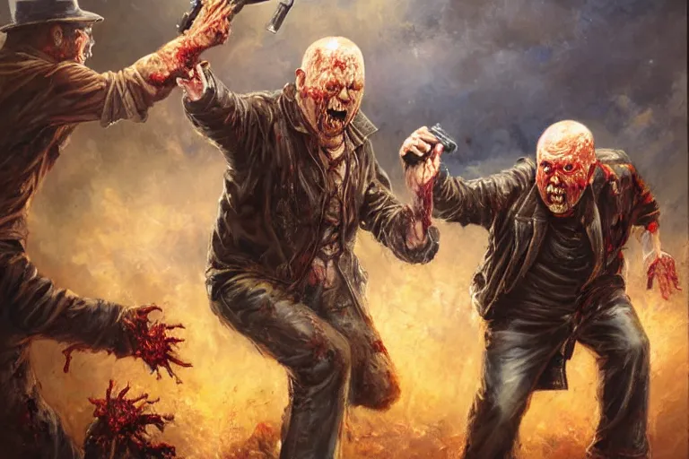 Prompt: portrait of tom atkins and donald pleasents fighting a zombie, an oil painting by ross tran and thomas kincade