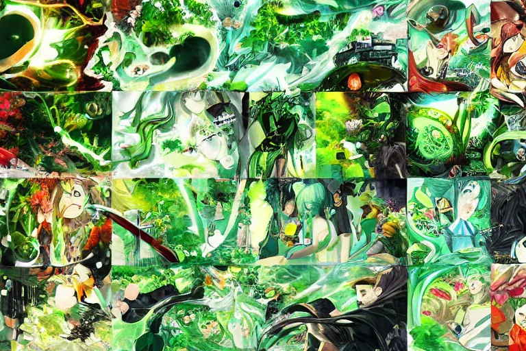 Prompt: green themed collage with anime focus, highly detailed, featured on artstation, highly detailed, abstract