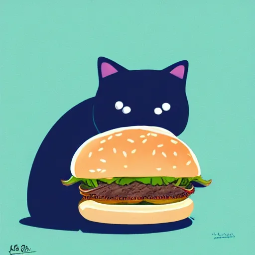 Image similar to cute fat cat eating a burger, digital art,concept art,no noise