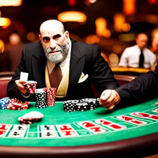 Image similar to a gorilla mobster playing poker at a casino table with other gorilla mobsters