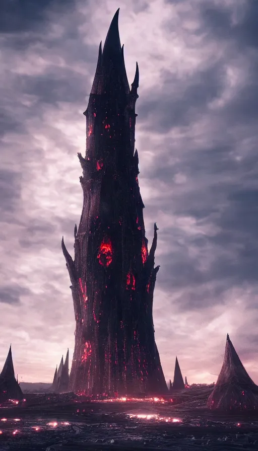 Image similar to Black and evil tower Barad-dûr, fortress of Sauron in Mordor, ultra detailed, octane render, super realistic, unreal engine 5, atmospheric lighting