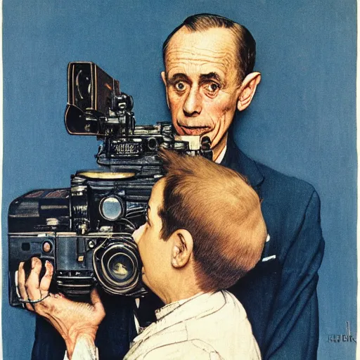 Image similar to norman rockwell painting of a man holding a large television - video - camera