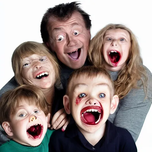 Image similar to family portrait studio of ugly family big rond eyes bad rotten teeth and smile, horrible scary family laughter by Chris Cunningham, mountain landscape background,, very detailed, grainy image