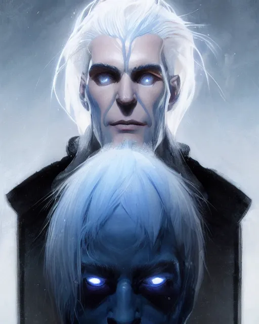 Prompt: character portrait of a slender eldar man with white hair, piercing blue eyes, and pale bluish skin, by greg rutkowski, mark brookes, jim burns, tom bagshaw, trending on artstation