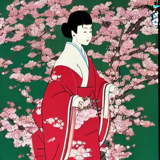 Prompt: A beautiful installation art of a young woman in a traditional kimono, with a background of sakura blossoms. emerald by Osamu Tezuka