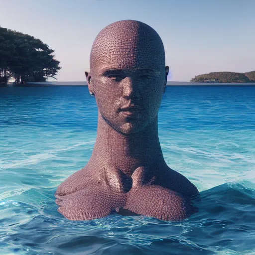 Image similar to a giant aqua sculpture of a human head on the ocean water, cinematic, in the style of chad knight, long shot, hyper detailed, hyper realistic, ray tracing, 8 k resolution, sharp focus, realistic water, award winning