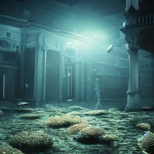 Prompt: underwater, Westminster palace, deep underwater, fish shoal, concept art in style of Greg Rutkowki, dynamic moody lighting, 4k, very highly detailed, hyper realistic