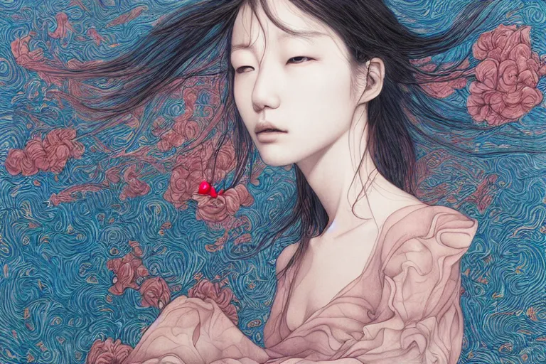 Image similar to Lee Jin-Eun by James Jean, rule of thirds, seductive look, beautiful, in flowy multiversal electrifying waters