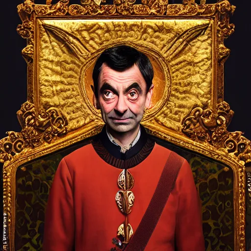 Prompt: A portrait of Mr. Bean depicted as a medieval king on throne, close up shot, atmospheric lighting, painted, intricate, volumetric lighting, beautiful, rich deep colours masterpiece, golden hour, sharp focus, ultra detailed, by Leesha Hannigan, Ross Tran, Thierry Doizon, Kai Carpenter, Ignacio Fernández Ríos