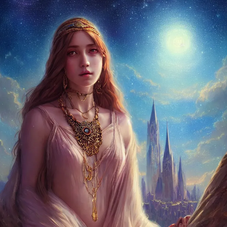 Image similar to masterpiece portrait charming and miracle female luxury astromancer boho accessories in dreamlike movie, high detailed face, art by artgerm, greg rutkowski, sasoura, satchely, big major starry sky and city in background, uhd, medium long shot, fantasy, no distorsion, sharp focus,