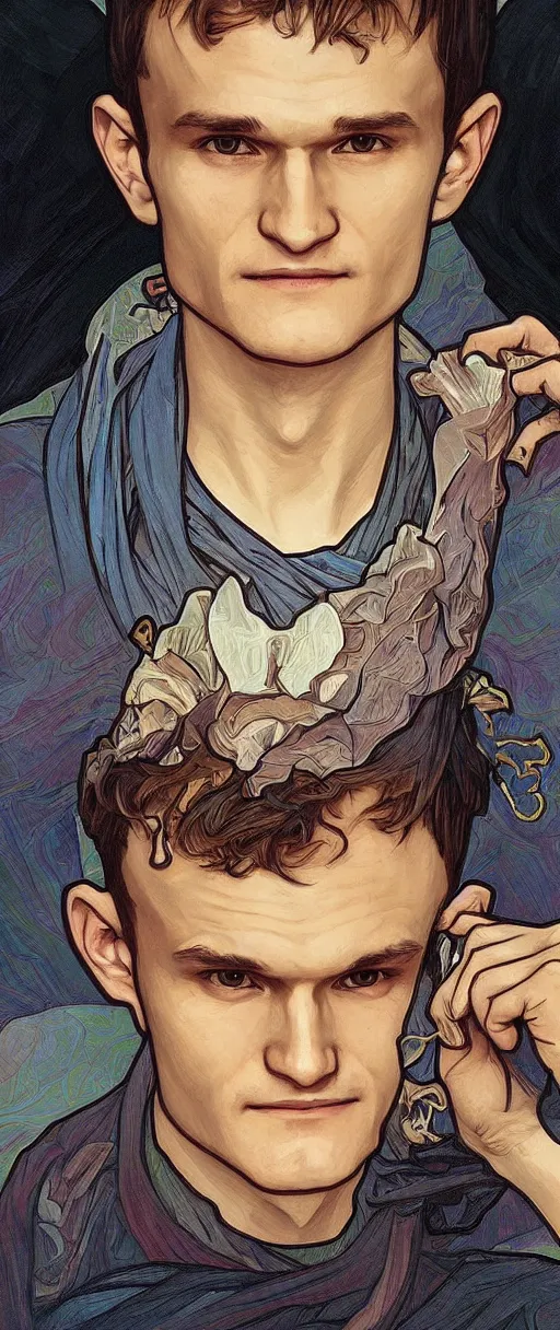 Image similar to vitalik buterin portrait, art by artgerm and greg rutkowski and alphonse mucha