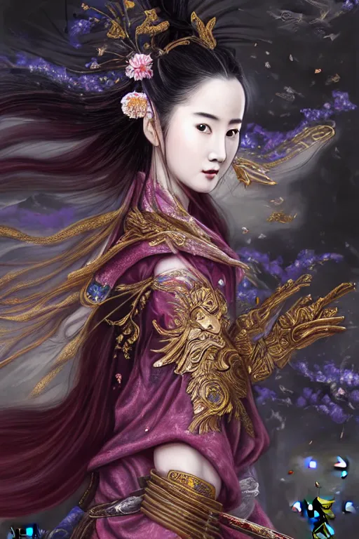 Image similar to beautiful ancient fantasy portrait of wuxia armored heroine, Liu Yifei, Zhao Lu Si wearing like Xian Xia wardrobe, in forbidden City, hybrid from Dynasty Warriror, flowers sea rainning everywhere, intricate, very very beautiful, elegant, highly detailed, digital painting, beautiful glowing galaxy eyes, artstation, fantasy concept art, smooth, sharp focus, illustration, art by alphonse mucha and WLOP and tian zi