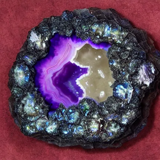 Prompt: open geode with crystals that reflects a multiverse, photorealism,