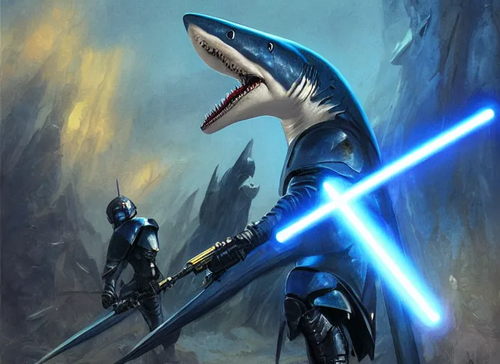 Image similar to blue thresher shark wearing plate armor, shark head, holding a lightsaber, fantasy, wonderful masterpiece highly detailed, scifi, beautiful cinematic light deep focus, elegant, digital painting, smooth, sharp focus, golden ratio, dramatic illumination, ultra realistic, 8 k, art by ilya kuvshinov, artgerm, alphonse mucha, and greg rutkowski