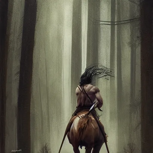 Image similar to Adam Driver as a centaur warrior, human upper torso attached to a horse body, aiming a bow and arrow, galloping through the forest, digital art, fantasy art by Greg Rutkowski