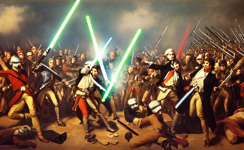 Prompt: liberty leading the people, french revolution, jedi, lightsaber, ewoks, endor forest, oil on canvas