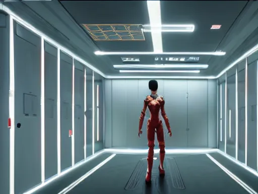 Prompt: high detailed porcelain android with details and decals in sci - fi server room. cinematic, intricate, elegant, by greg rutkowski, conrad roset, takato yomamoto, james jean, rule of thirds, seductive look. octane render from odyssey 2 0 0 1 by stanley kubrick and mendosa