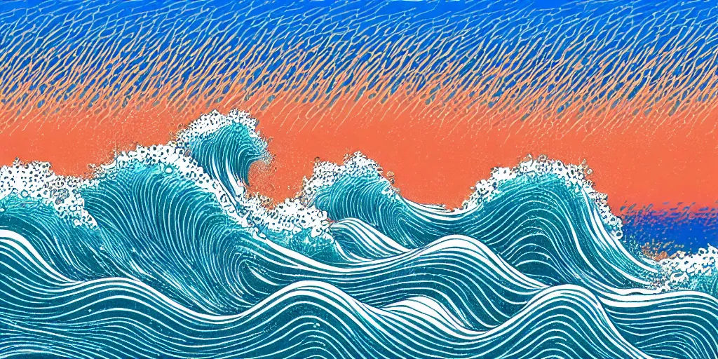 Image similar to clouds and waves, An aesthetically pleasing, dynamic, energetic, lively, complex, intricate, detailed, well-designed digital art of a beach, ripples, waves, sea foam, light and shadow, overlaid with aizome patterns, Shin-hanga by Bob Ross, traditional Japanese colors, superior quality, masterpiece, featured, trending, award winning, HDR, 8K