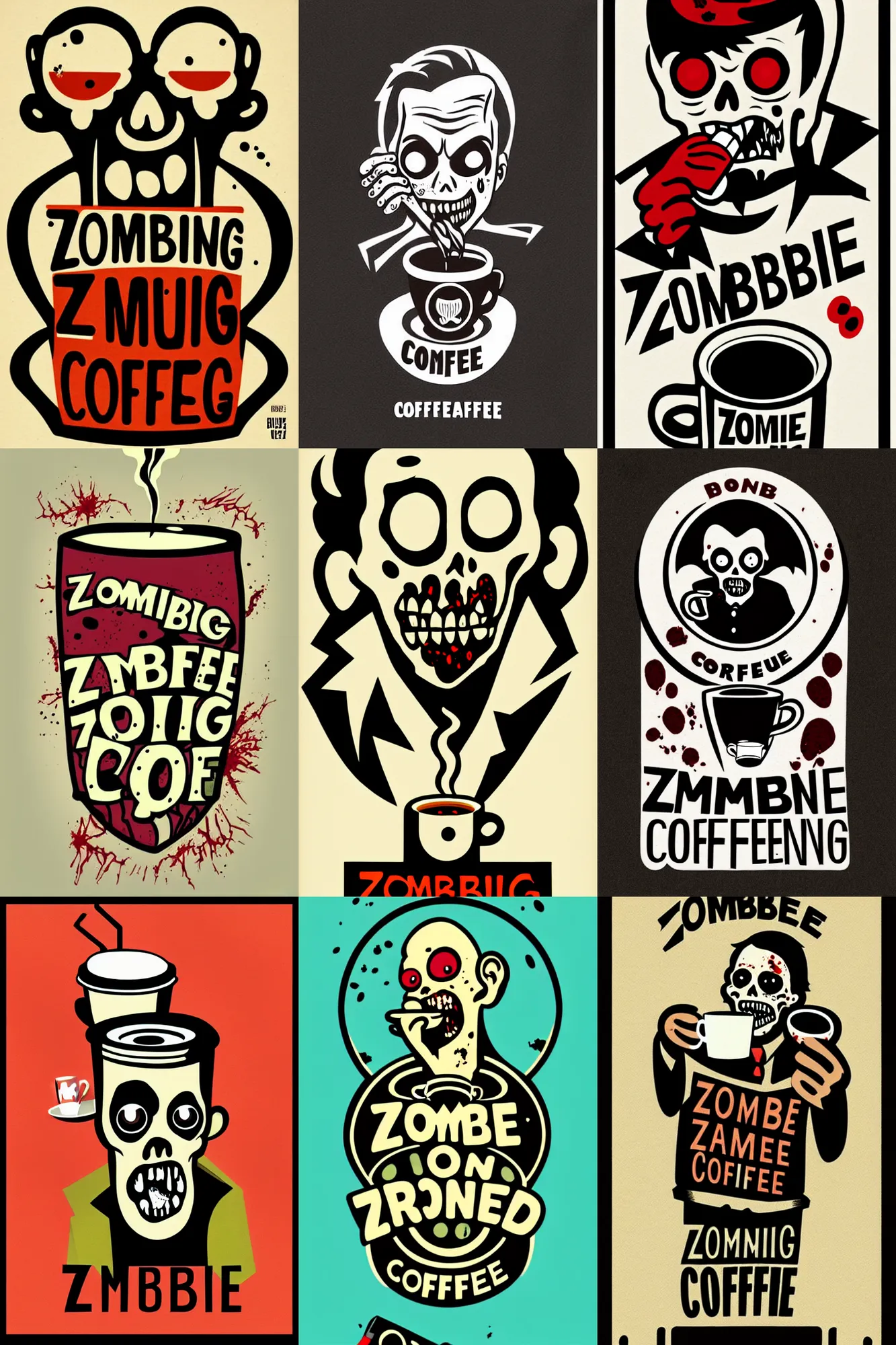 Prompt: zombie drinking coffee logo take away coffee by mcbess, full colour print vintage colours 1 9 5 0 s, by conran roset, artstation