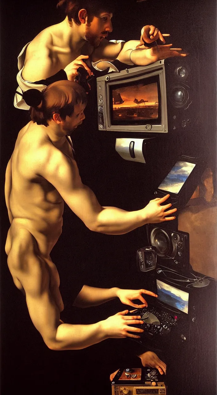 Image similar to Portrait of a man playing a video game on a CRT television. Painting by Caravaggio. Intricate details. hyper realism. Masterpiece.