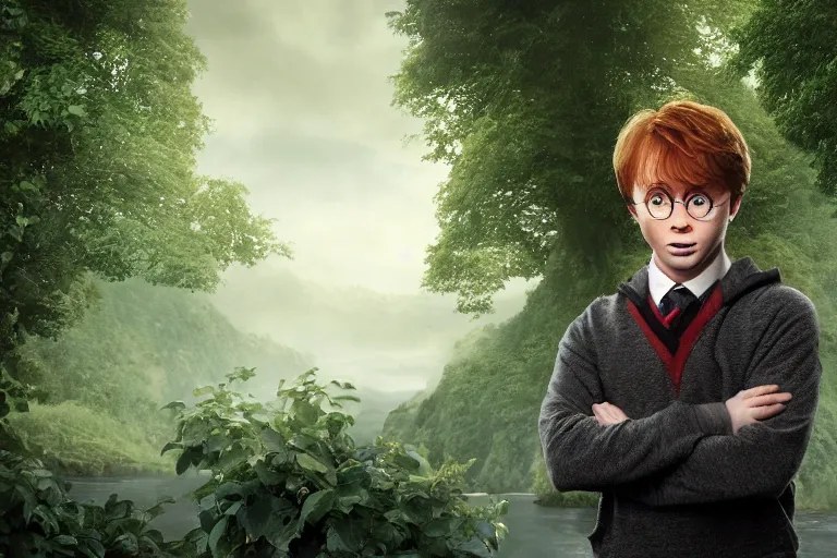 Image similar to an ultra realistic, cinematic, headshot portrait, of harry potter, ron weasley, hermoine granger as an avocado, fantasy, avocado, facial features, background of a vast serene landscape, with trees and rivers, detailed, deep focus, movie still, dramatic lighting, ray tracing, by michal karcz and yoshitaka amano