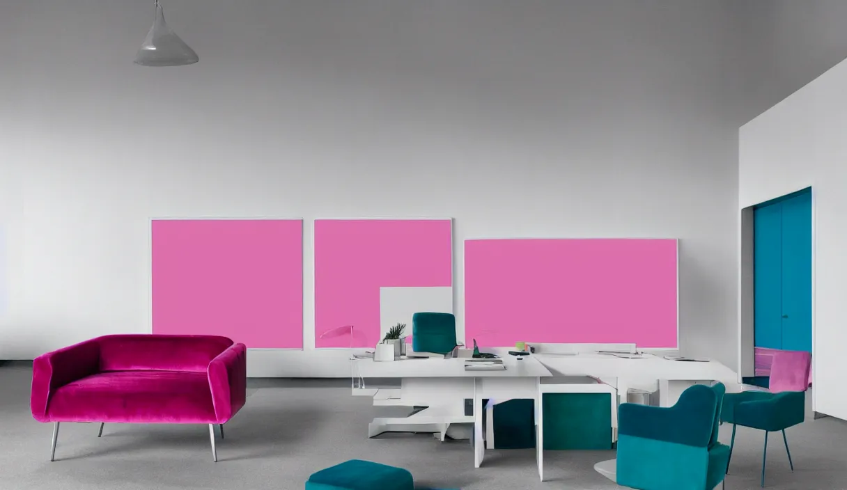 Prompt: a minimal 7 0 s prisunic catalog with the indoor office of severance series ( 2 0 2 2 ), in color, all furniture in pink velvet, soft clear green, blue navy and metal