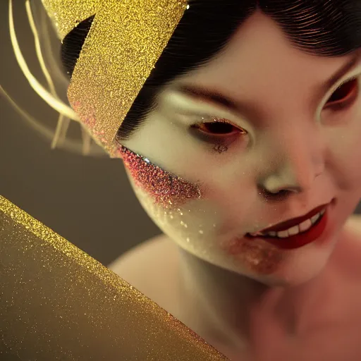 Prompt: mad albino geisha covered in glitter, unreal engine octane, detailed,intrincate, realistic,8k, epic lights