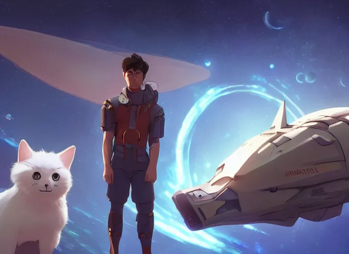 Image similar to a space handsome gay guy and his pet space cat staring role in a musical sci - fi space opera ghibli animated film, volumetric lighting, octane render by stanley artgerm lau, greg rutkowski, thomas kindkade, alphonse mucha, loish, norman rockwel, 8 k greg rutkowski