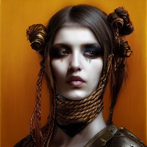 Image similar to portrait of a Shibari rope wrapped face and neck, headshot, insanely nice professional hair style, dramatic hair color, digital painting, of a old 15th century, roman gladiator, amber jewels, baroque, ornate clothing, scifi, realistic, hyperdetailed, chiaroscuro, concept art, art by Franz Hals and Jon Foster and Ayami Kojima and Amano and Karol Bak,