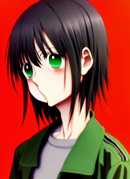 Image similar to anime portrait seu madruga, el chavo, dark hair, red eyes, wearing green jacket, ilya kuvshinov, anime, pixiv top monthly, trending on artstation, cinematic, danbooru, zerochan art, kyoto animation